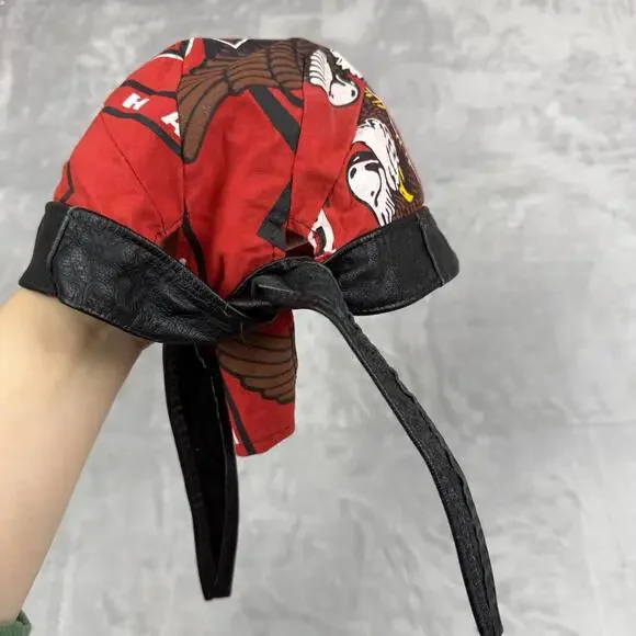 VTG Harley Davidson Red Do Rag Bandana Headwrap Leather Trim Motorcycle Gear Y2K - Picture 7 of 11